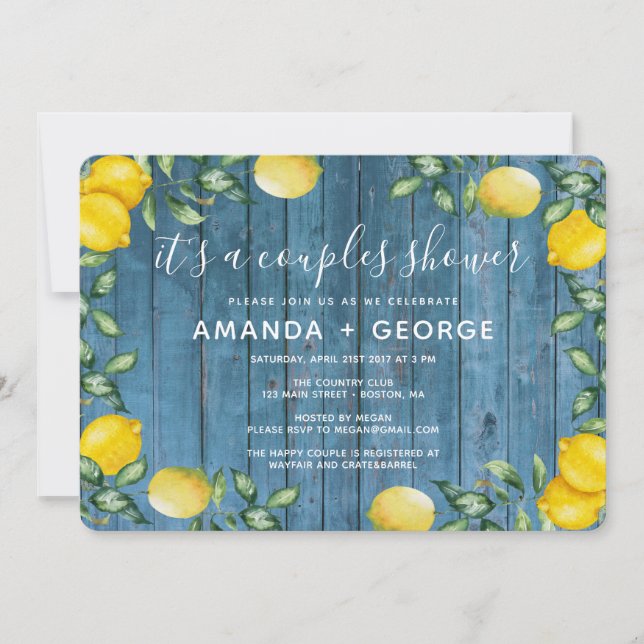Couples shower Lemons and blue wood   Invitation (Front)