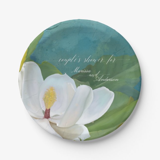 Couples Shower Magnolia Flower Blossom Modern Blue Paper Plate (Front)