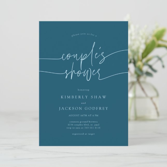 Couple's Shower Minimalist Script Teal Invitation (Standing Front)