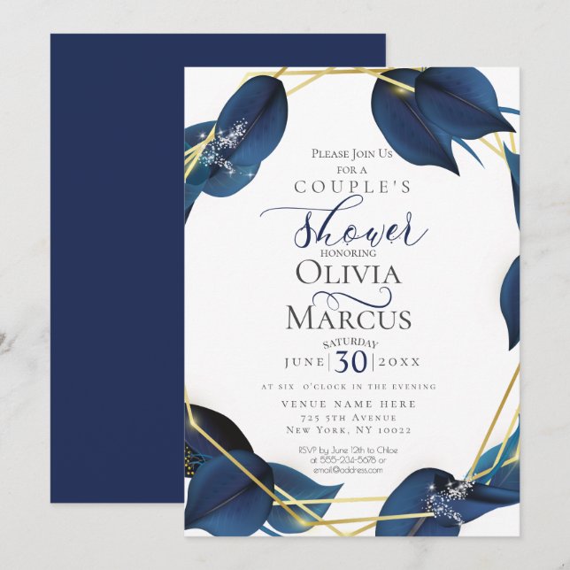 Couple's Shower | Modern Deep Indigo Blue and Gold Invitation (Front/Back)