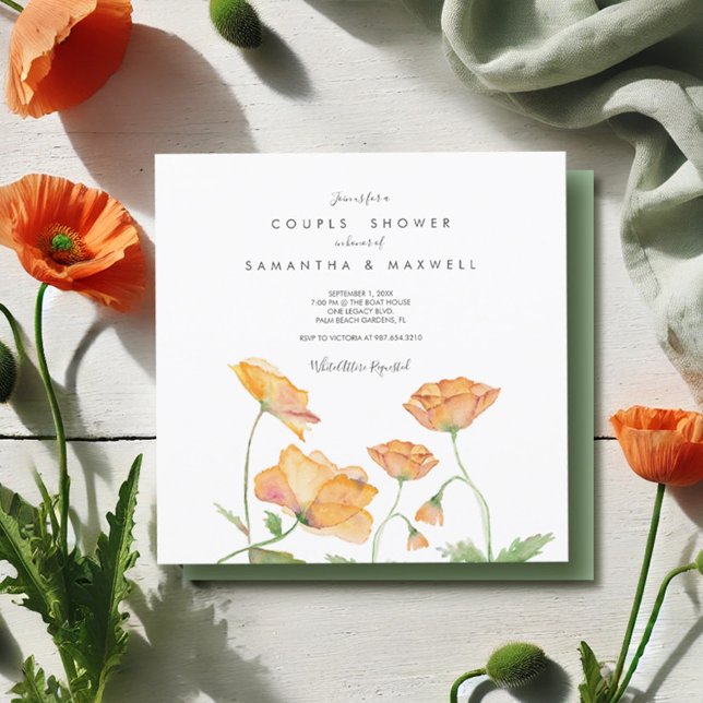 Couples Shower Orange Floral Watercolor Poppies Invitation (Couples shower invitations watercolor orange poppy flowers by Victoria Grigaliunas Do Tell A Belle)