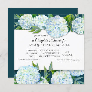 Couples Shower Peacock Blue White Hydrangea Floral Invitation