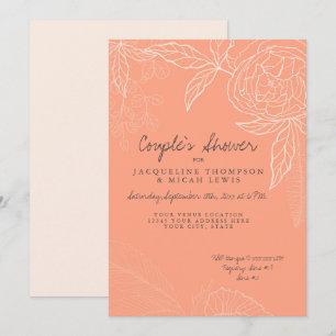 Couples Shower Pencil Coral Pink Floral Peony Leaf Invitation