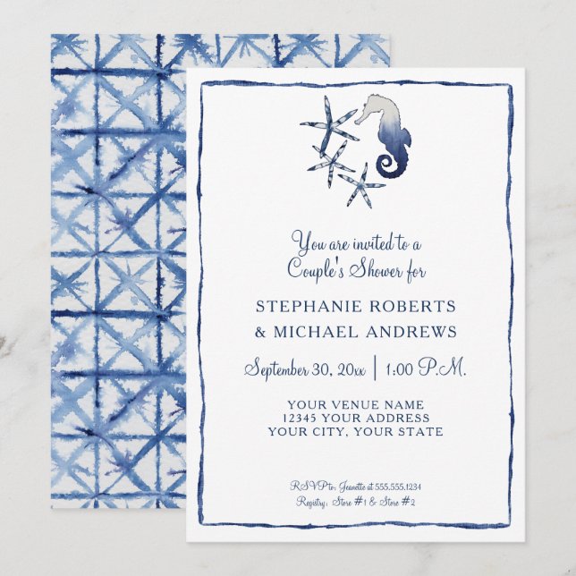 Couples Shower Shibori Seahorse Starfish Beach Art Invitation (Front/Back)