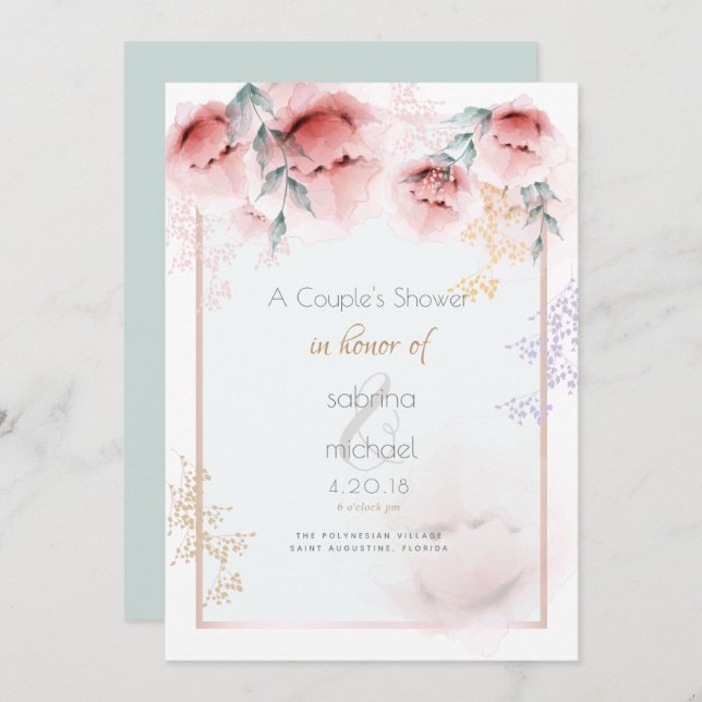 Couple's Shower | Trendy Coral Aquarelle Peonies Invitation (Front/Back)