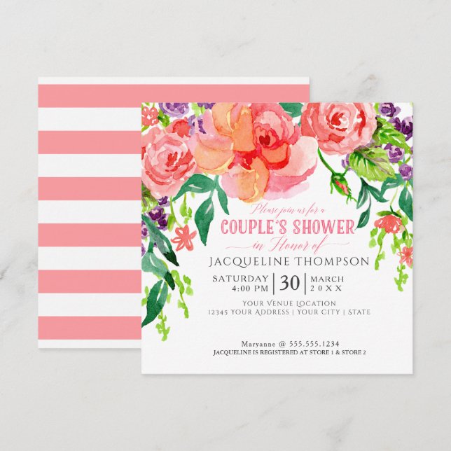 Couples Shower Watercolor Modern Bright Floral Art Invitation (Front/Back)