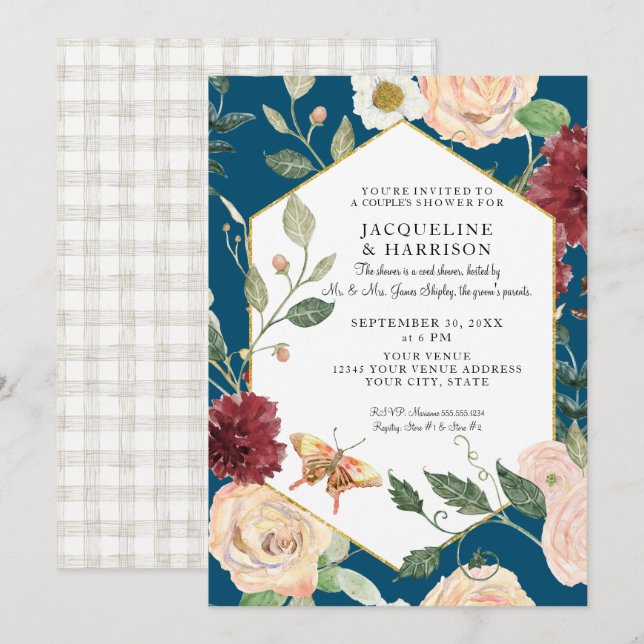Couples Shower Watercolor Peacock Blue Rose Floral Invitation (Front/Back)