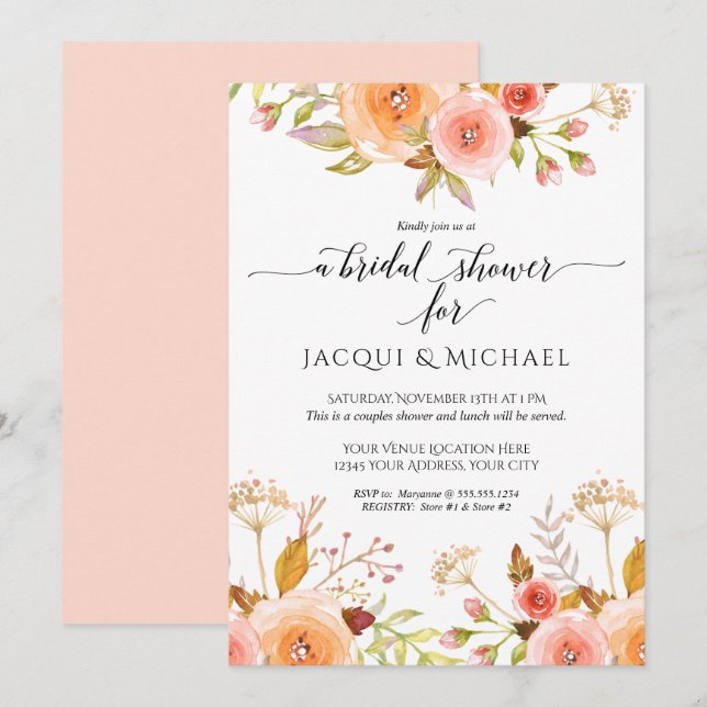 Couples Shower Watercolor Pink Floral Rose Bouquet Invitation (Front/Back)