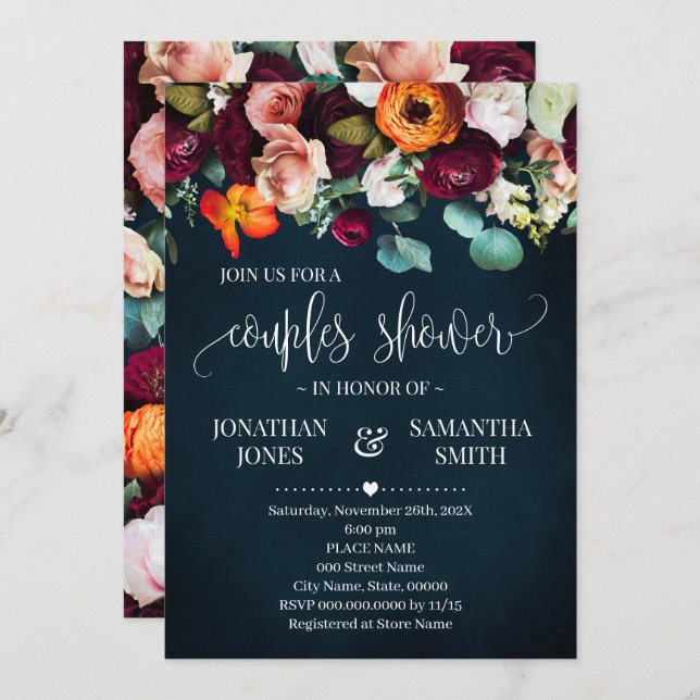 Couples Shower Wine Burgundy Flowers Navy Wedding Invitation (Front/Back)