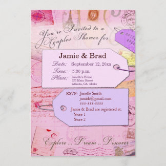 Couples Travel Shower theme in pink and purple Invitation