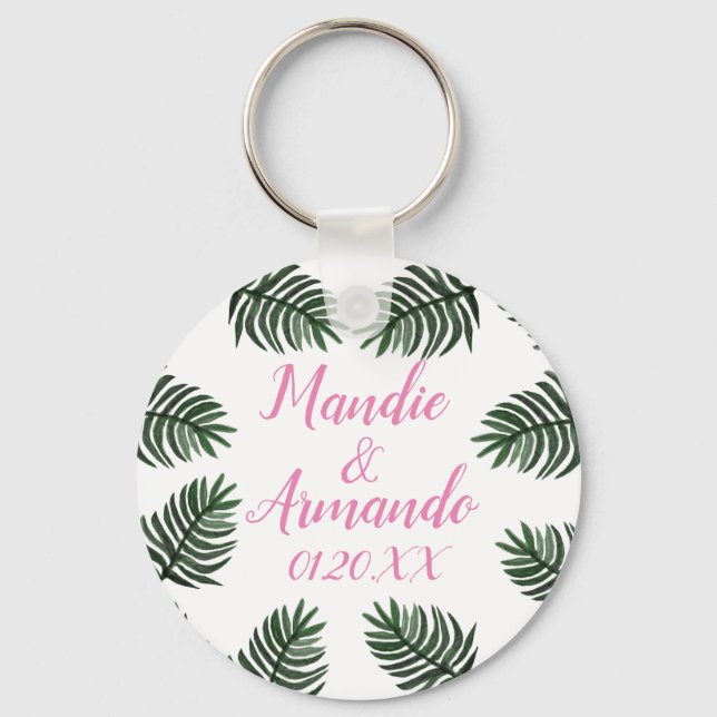 Couples Tropical Greenery Wedding Date Keychain (Front)