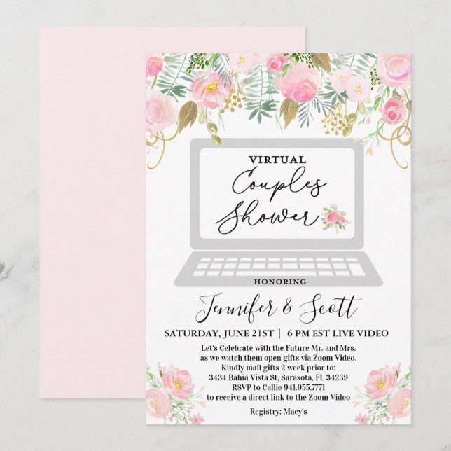 Couples Virtuels Douche Floral Invitation (Devant / Derrière)