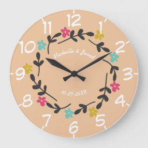 Couples Wedding Anniversary Modern Floral Wreath Large Clock