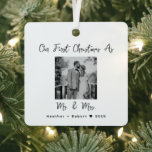 Couples Wedding Gift Our First Christmas Mr & Mrs Metal Ornament<br><div class="desc">Celebrate your first Christmas as a married couple with our "Couples Wedding Gift Our First Christmas Mr & Mrs Metal Ornament." This elegant ornament beautifully combines modern minimalism with a touch of sophistication, making it a memorable keepsake for newlyweds. Featuring the classic "Mr. & Mrs." against a backdrop of timeless...</div>