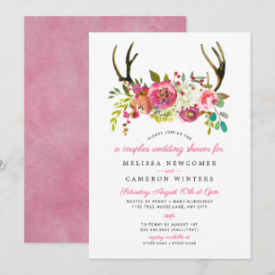 Couples Wedding Shower, pink floral antlers invite