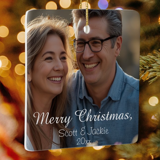 Couples White Calligraphy Photo Personalize Ceramic Ornament (Creator Uploaded)