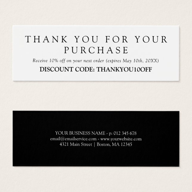 Coupon minimaliste de code de réduction noir blanc (Devant & derrière)