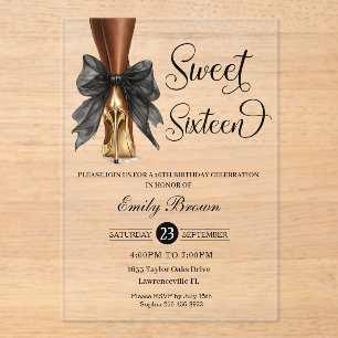 Couquette Black Ribbon Bow Fashion Heels Sweet 16  Acrylic Invitations
