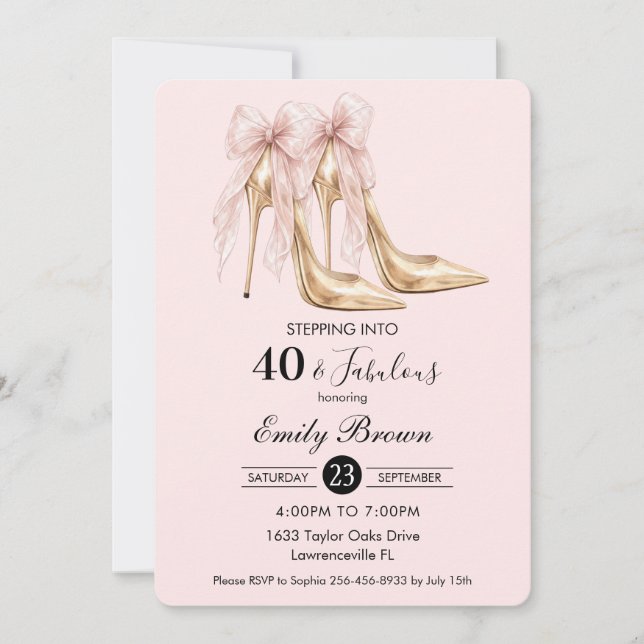 Couquette Blush Bow Fashion Heel 40th Birthday Invitation (Front)