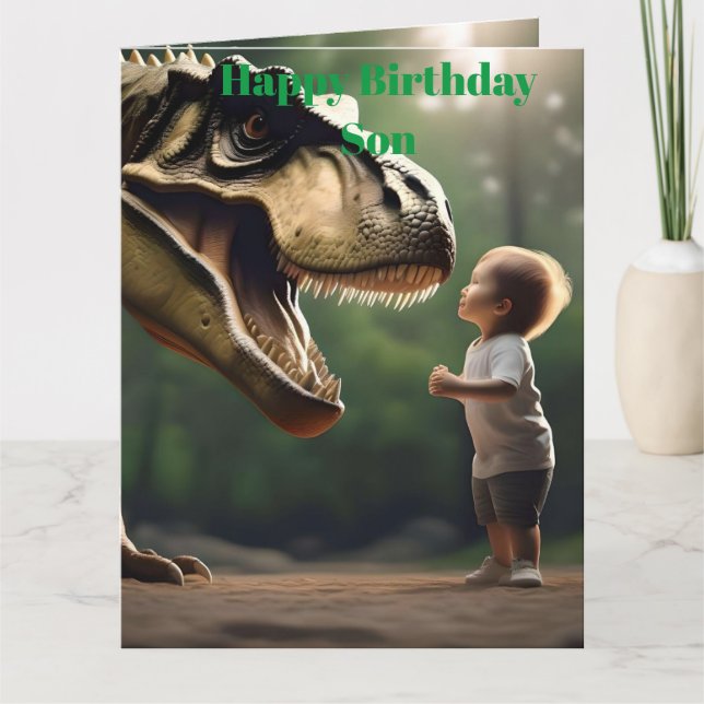 **"Courage Unleashed: A Small Boy Faces the T-Rex" Card (Front)