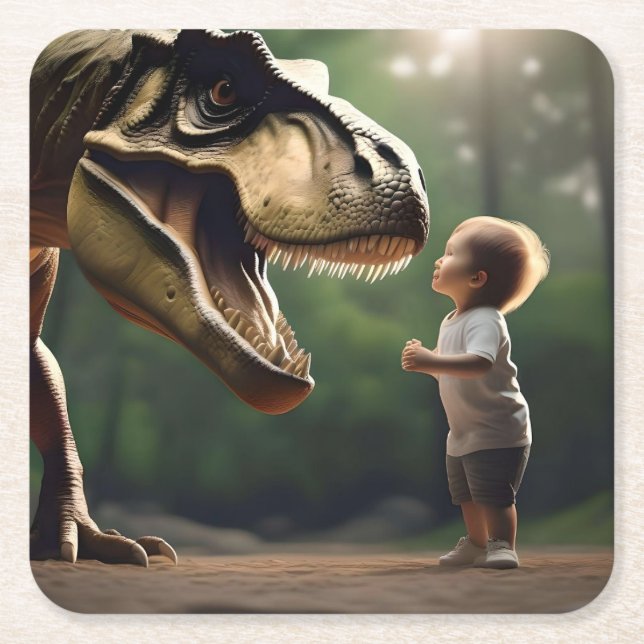 **"Courage Unleashed: A Small Boy Faces the T-Rex" Square Paper Coaster (Front)