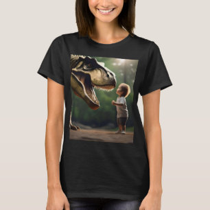 **"Courage Unleashed: A Small Boy Faces the T-Rex" T-Shirt