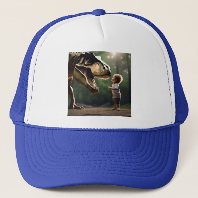 **"Courage Unleashed: A Small Boy Faces the T-Rex" Trucker Hat (Front)