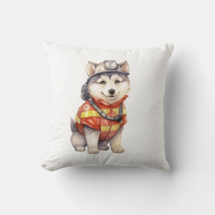 Courageous Firefighter Siberian Husky Dog Honourin Throw Pillow