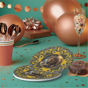 Courageous Leo Zodiac Gold Yellow Fractal Mandala Paper Plate