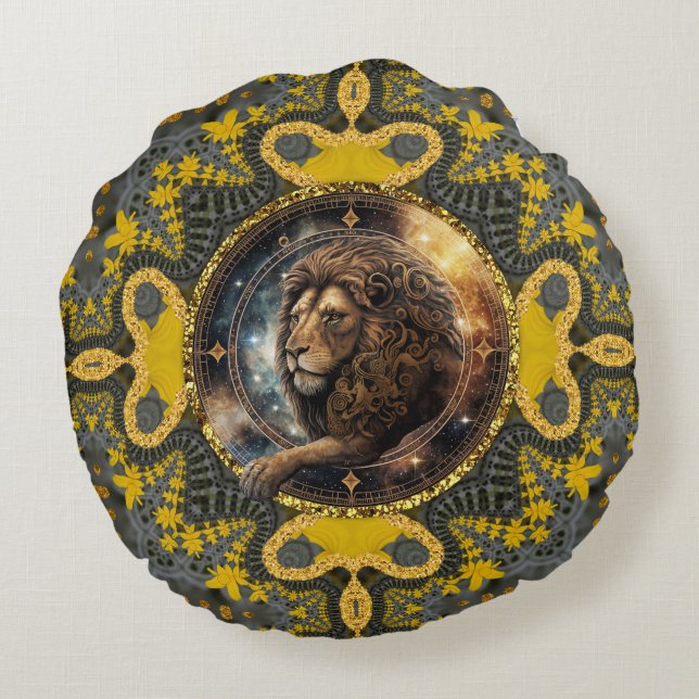 Courageous Leo Zodiac Gold Yellow Fractal Mandala Round Pillow (Back)