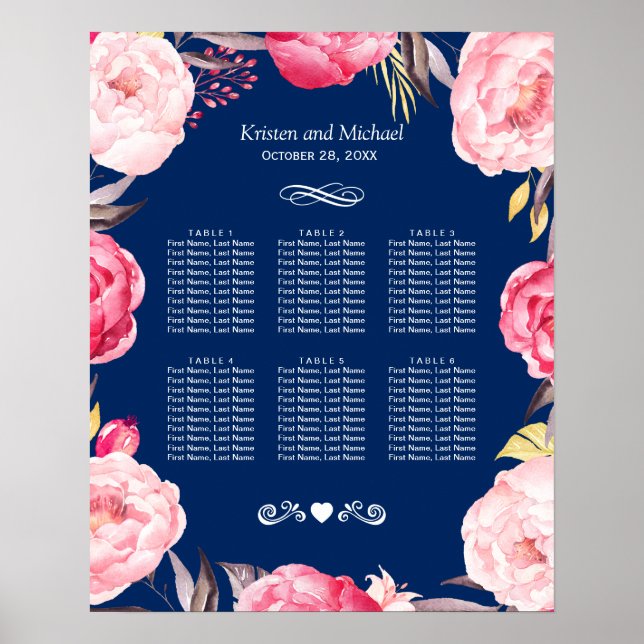 Courbe Florale rose 6 Tables Mariage Tableau de si (Devant)