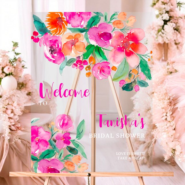 Courbe rose rose vif douche nuptiale bienvenue (Bright pink floral script bridal shower welcome acrylic sign)