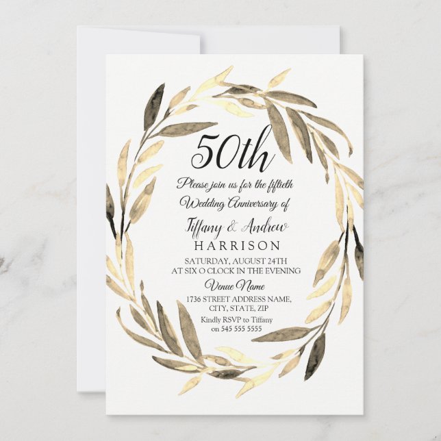 Couronne de feuilles dorées Invitation pour 50 ans (Devant)