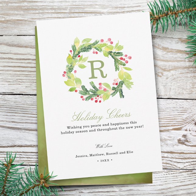 Couronne de monogramme de vœux de vacances Carte d (Holiday Cheers Wreath Monogram Holiday Card)