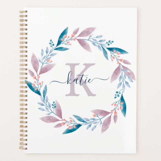 Couronne de monogramme floral aquarelle lilas (Devant)