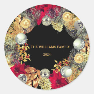 Couronne de Noël Nom de famille Sticker rond class