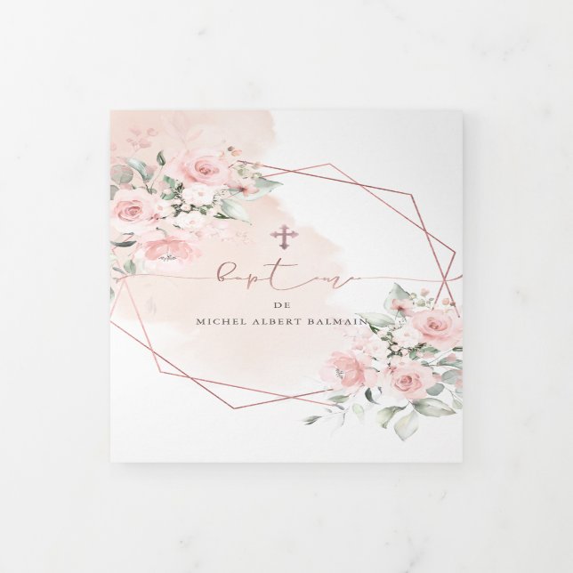 Couronne de Rose Aquarelle, Bapteme Tri-Fold Invitation (Cover)