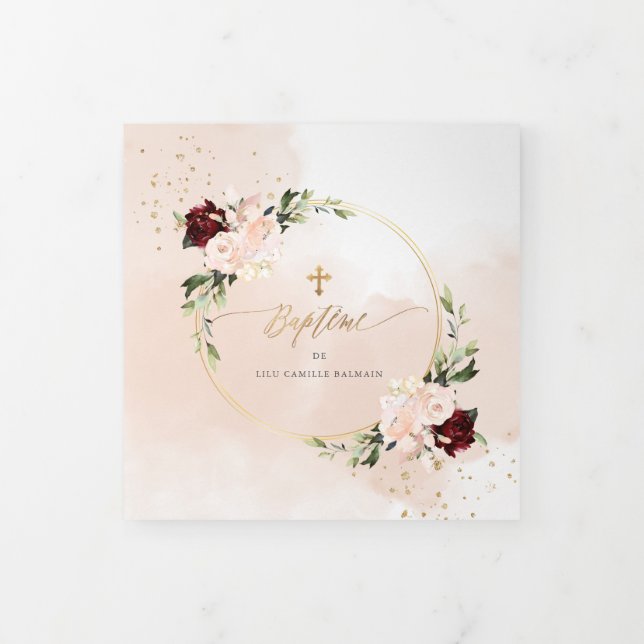 Couronne de Roses Aquarelle, Bapteme Tri-Fold Invitation (Cover)