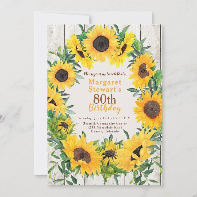 Couronne de tournesol jaune 80e Invitation anniver (Devant)