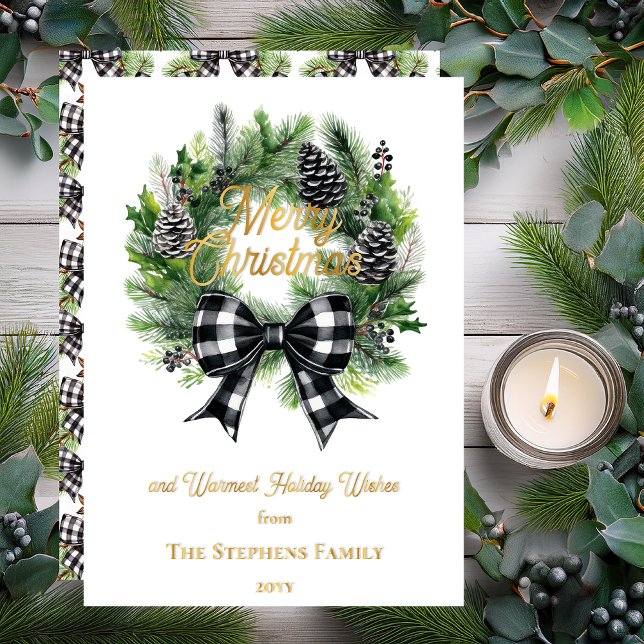 Couronne de vacances festive Joyeux Noël Non-Photo (Festive Holiday Wreath with Black | White Check Coquette Bow "Merry Christmas" Foil Holiday Card)