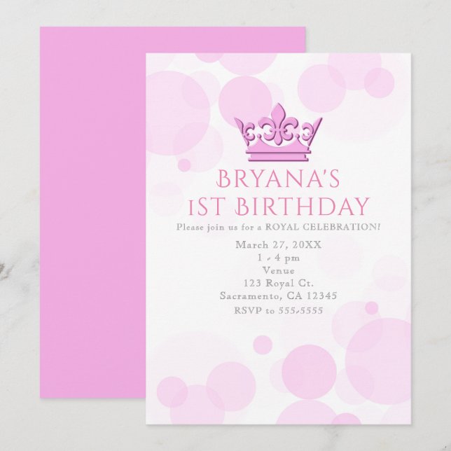 Couronne et points roses Invitations de fête d'ann (Devant / Derrière)