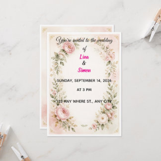 Couronne florale rose et faire-part de mariage en