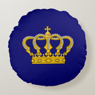 Couronne Royale Dorée sur Coussin Rond Bleu Royal