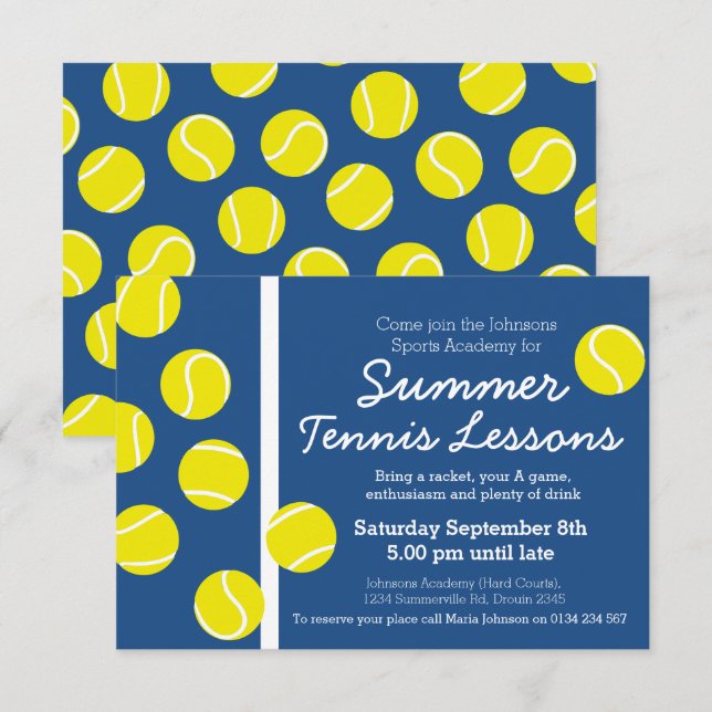 Cours de tennis d'été invitations bleu & blanc (Devant / Derrière)