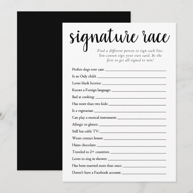 Course de signature simple | Carte de jeu noir et  (Devant / Derrière)