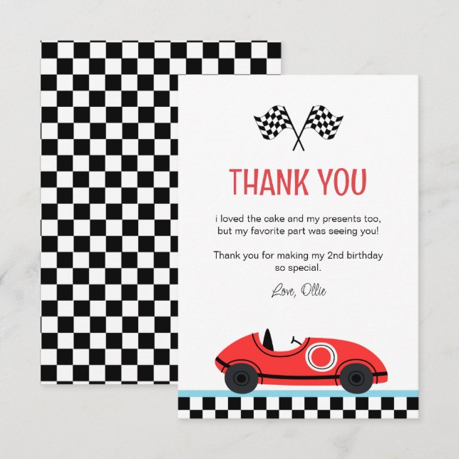 Course voiture rouge Anniversaire Carte de remerci (Devant / Derrière)