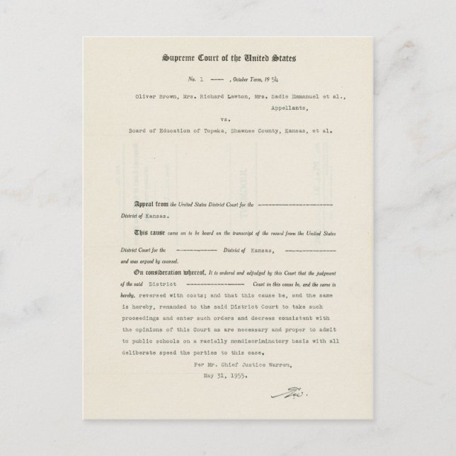 Court Case Brown v. Board of Education of Topeka Postcard (Front)