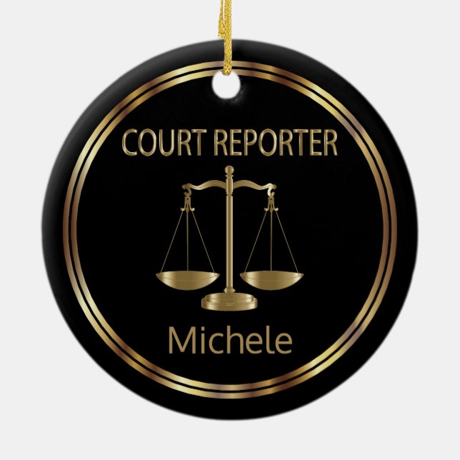Court ⚖ Reporter  - Black and Gold Ceramic Ornament (Back)