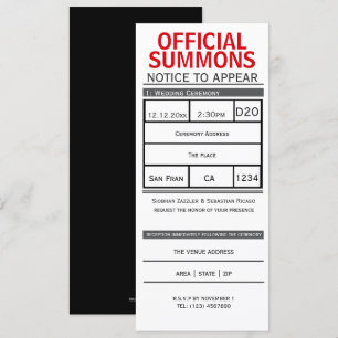 Court Summons Notice To Appear Novelty Wedding Invitation