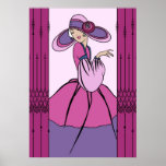 COURTNEY, ART DECO: Parisian Plum Poster<br><div class="desc">Courtney is a beautifully detailed remake of an old greeting card. She has been lovingly redrawn with new details and improved lines. She wears a full-skirted, multi-coloured dress with puffy sleeves and a matching hat with wide brim. The hat features a stylized flower with a fabulous bit of Art Deco...</div>